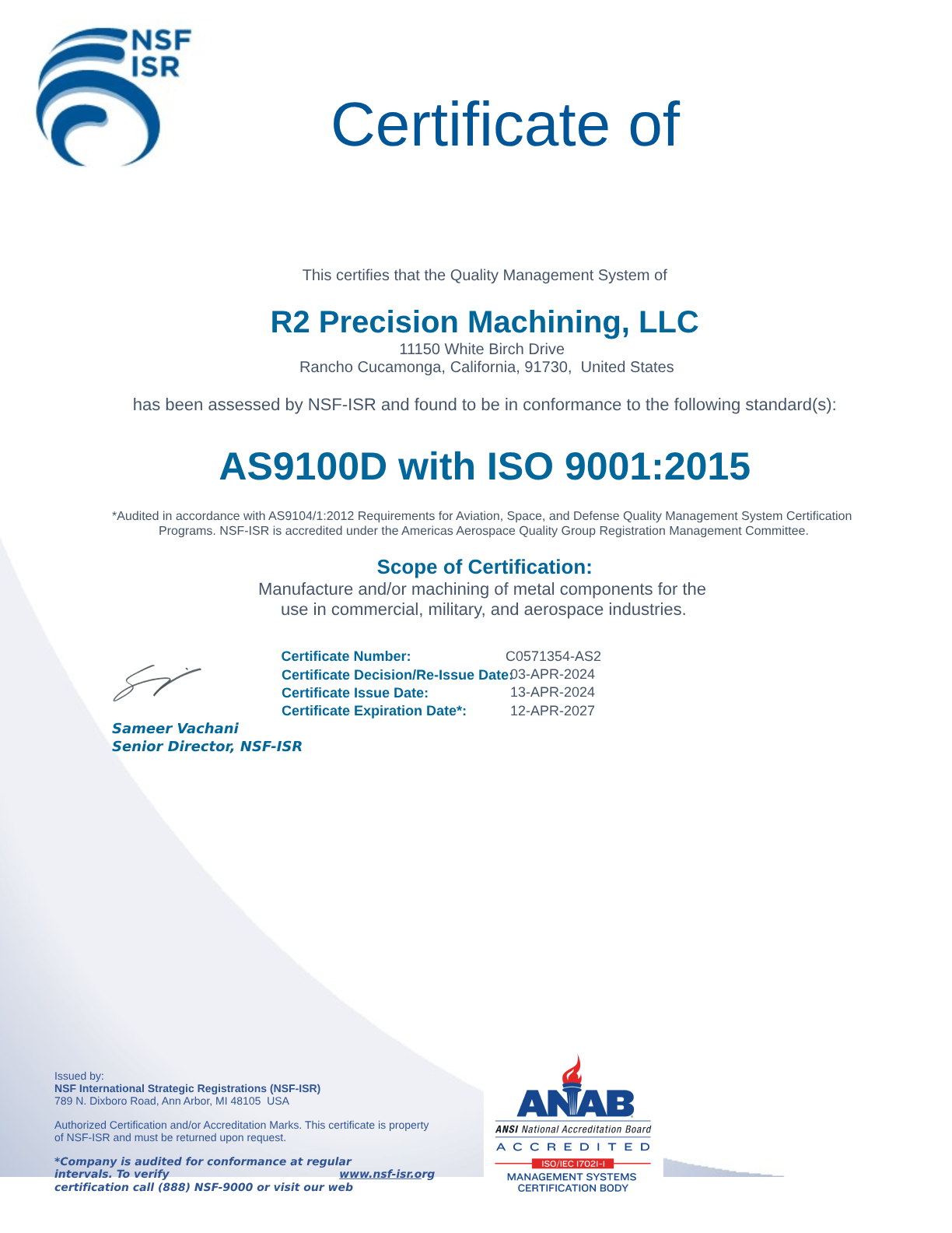 R2 Precision Machining LLC- AS9100D with ISO 9001  2015 Certification